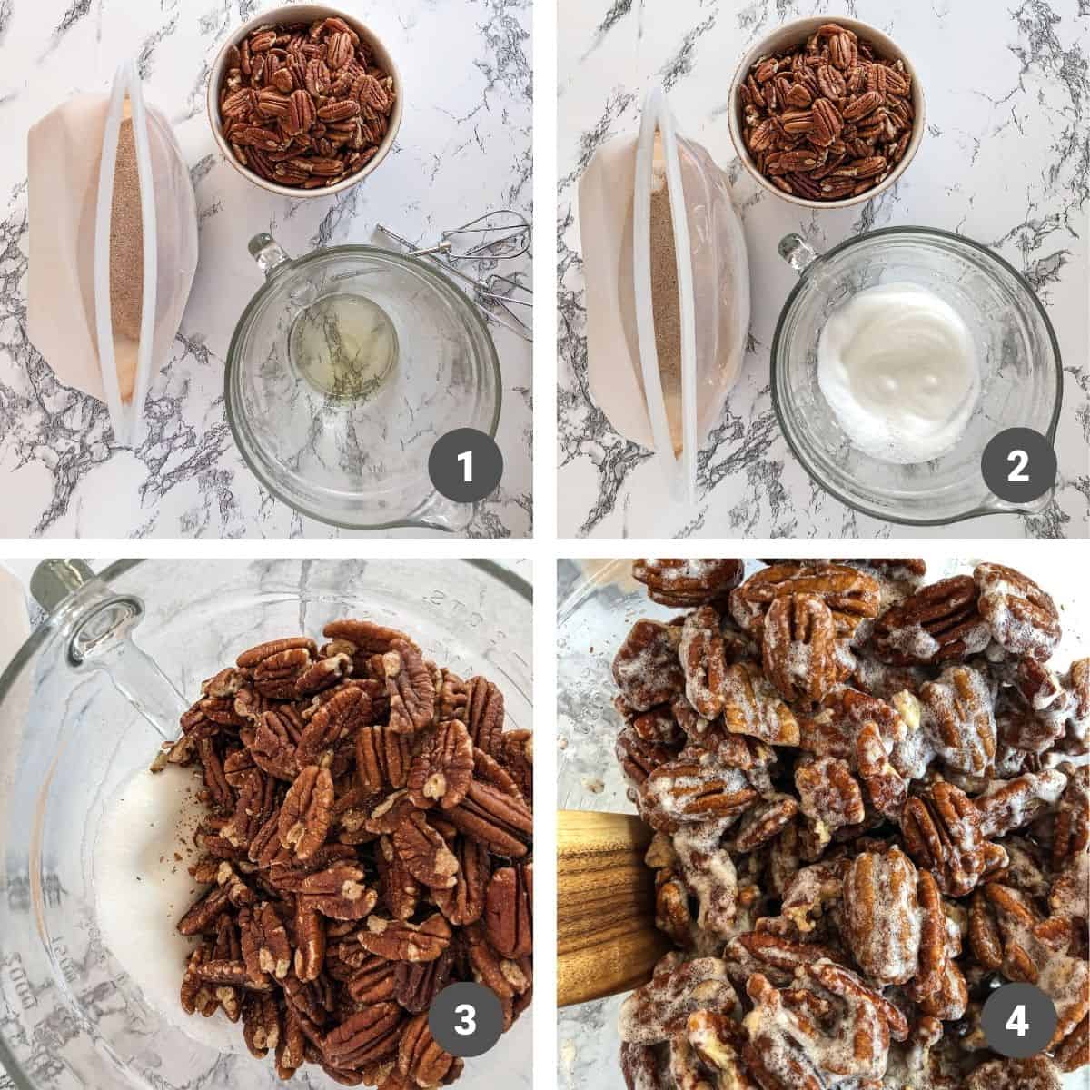 Mixing pecans with whipped egg whites.