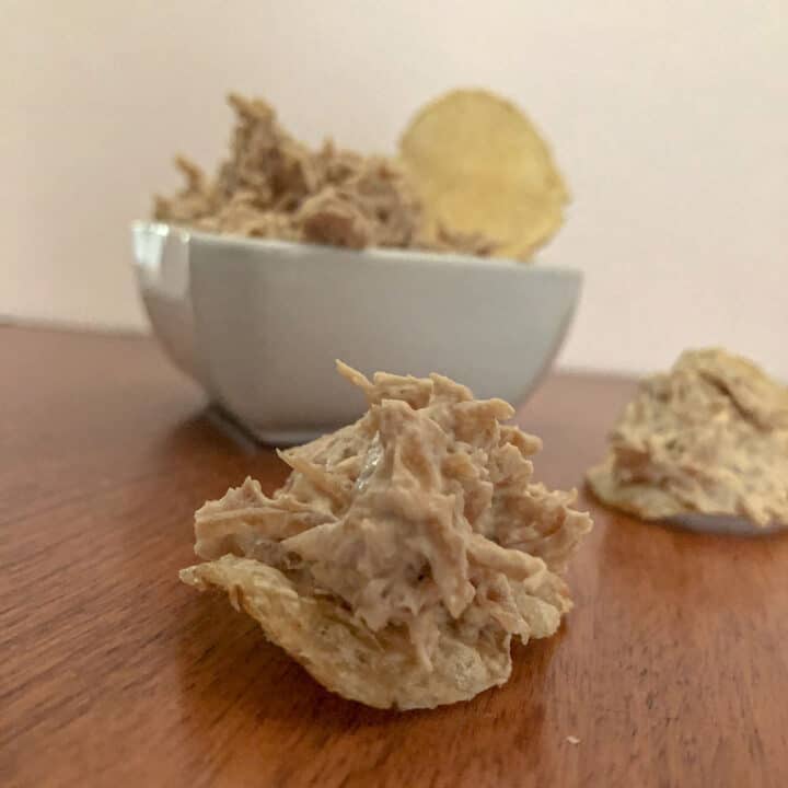 Caramelized onion dip on chips and in a bowl.
