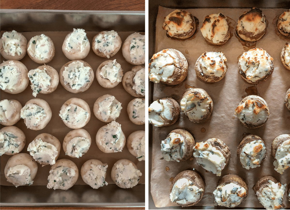 Pans of unbaked and baked cheese filled mushroom caps.