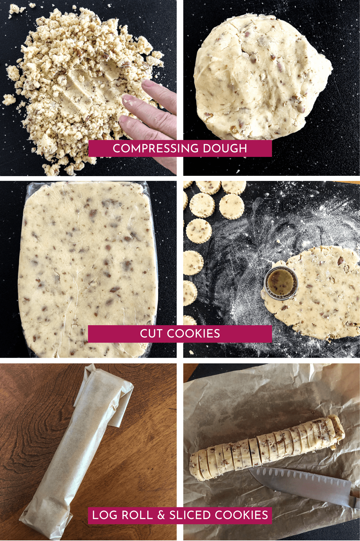 Cutting and slicing cookie dough.