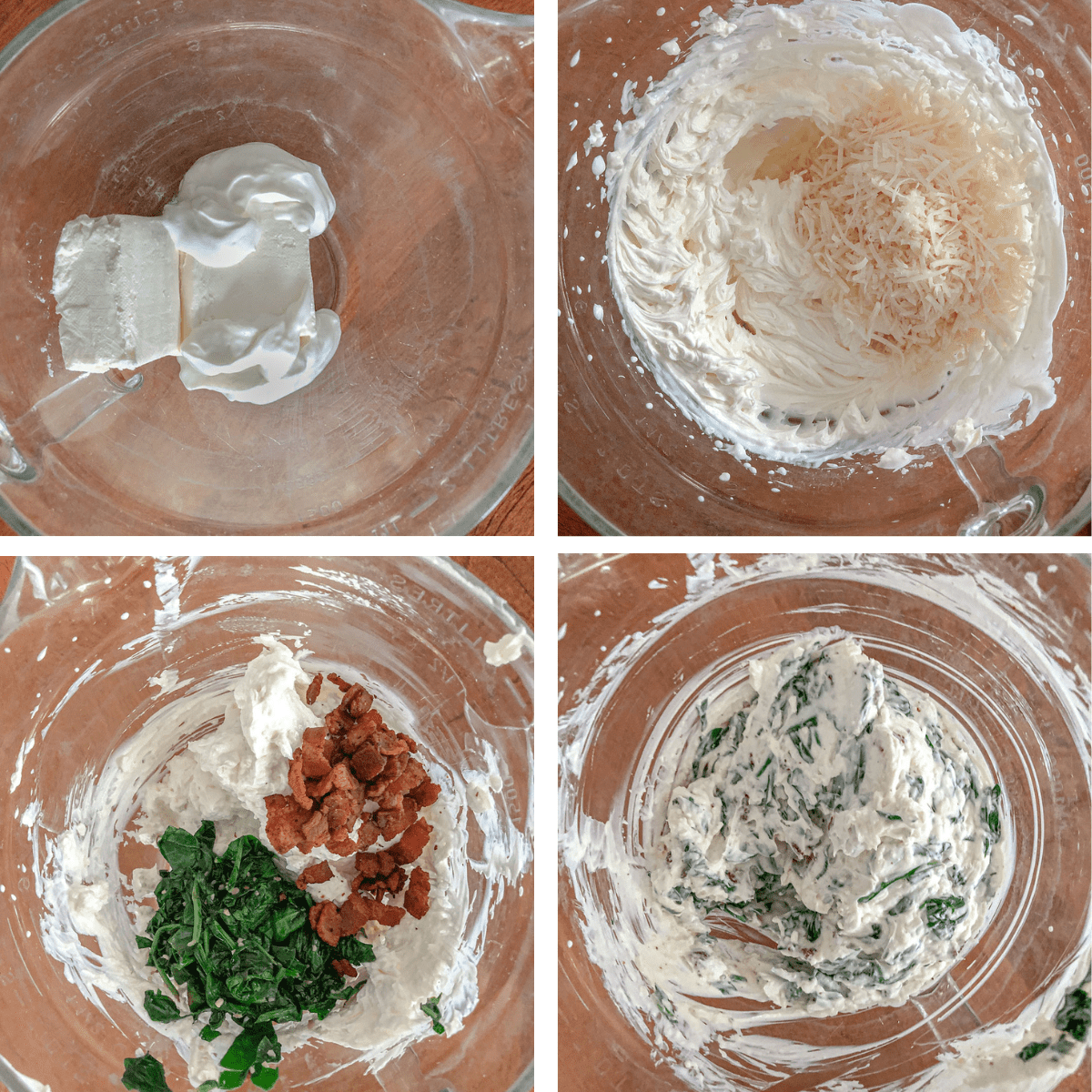 Mixing cheese, sour cream, yogurt, parmesan cheese, spinach, and bacon.
