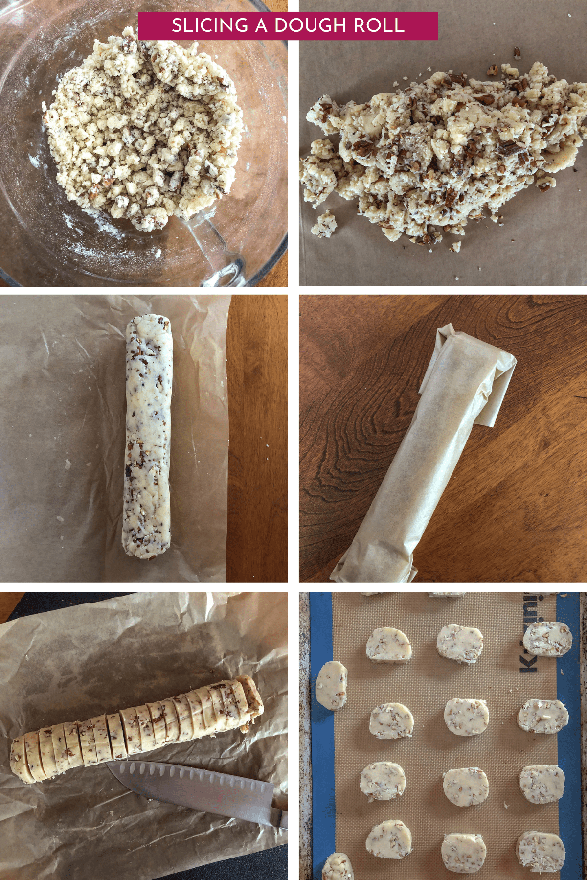 Rolling and slicing a dough log for pecan shortbread cookies.