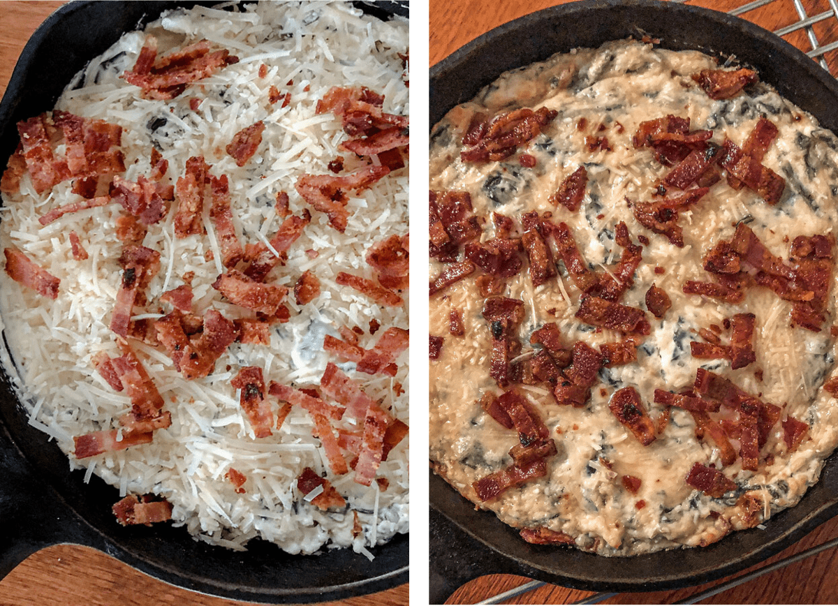 Unbaked and baked bacon spinach cheese dip.