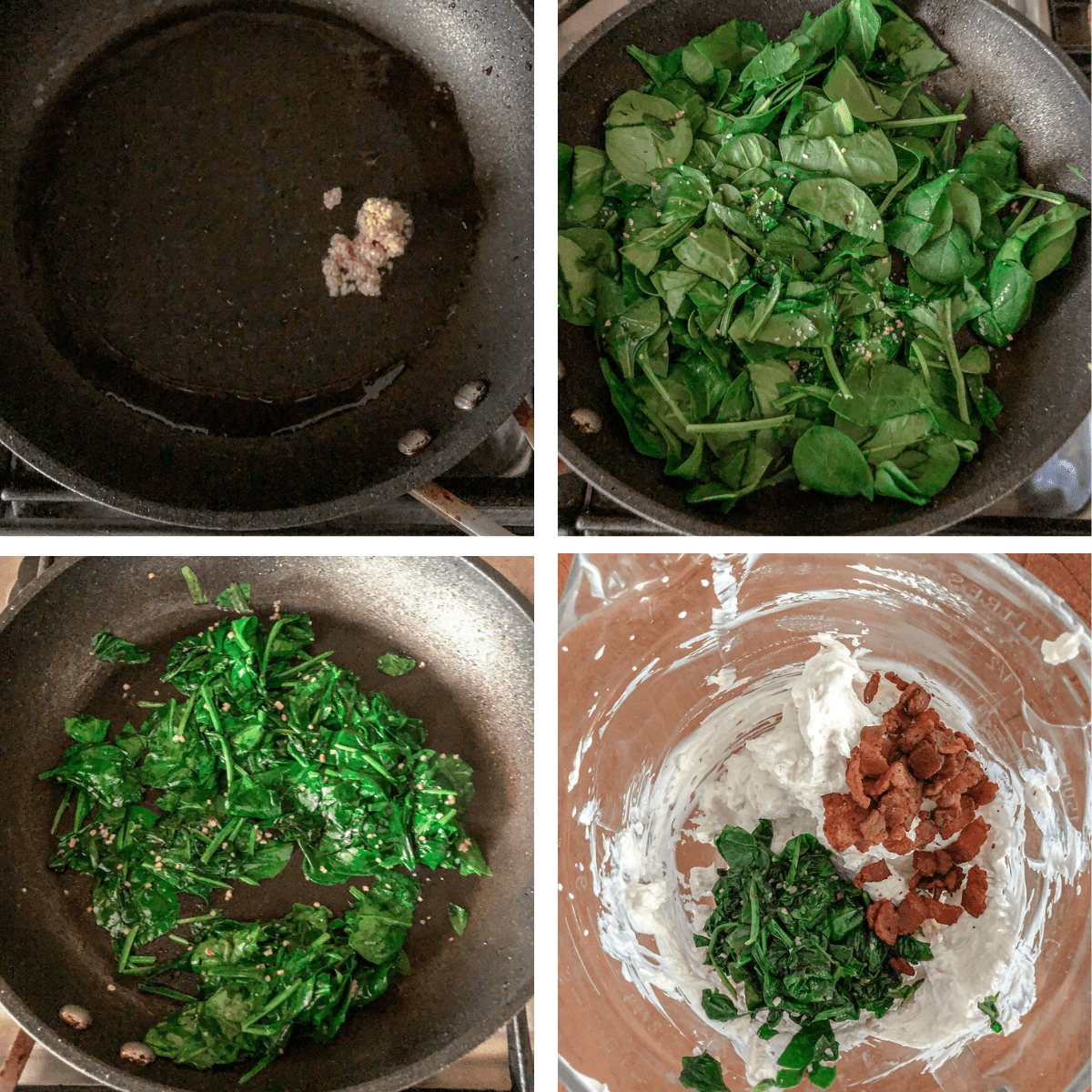 Wilting spinach in a skillet with garlic.