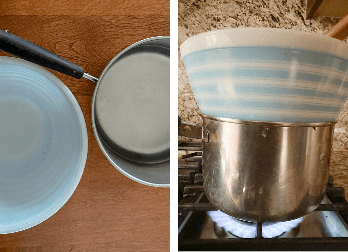 Bowl and pan with water turned into a double boiler.