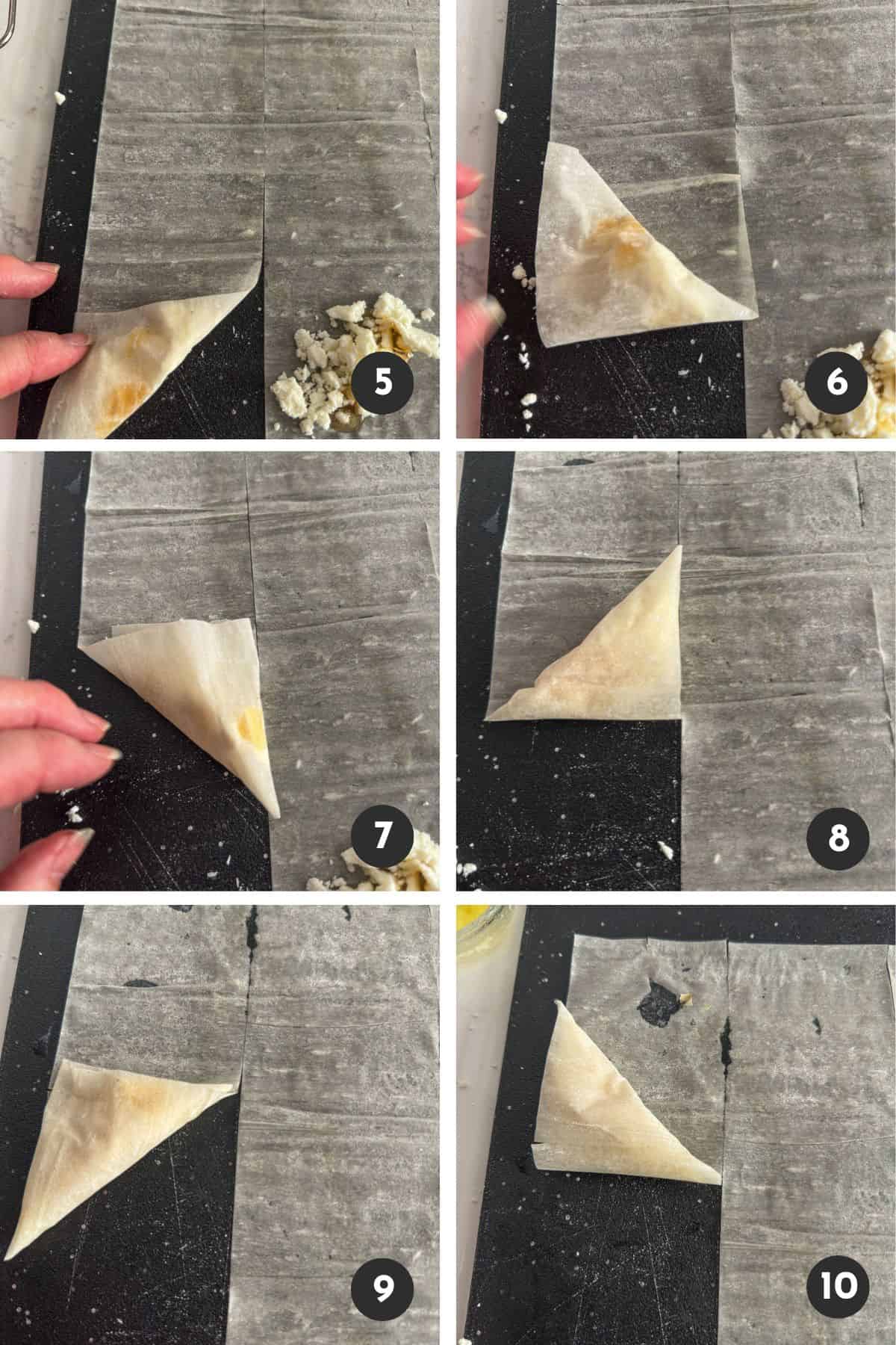Folding the stuffed phyllo dough strips into triangles.