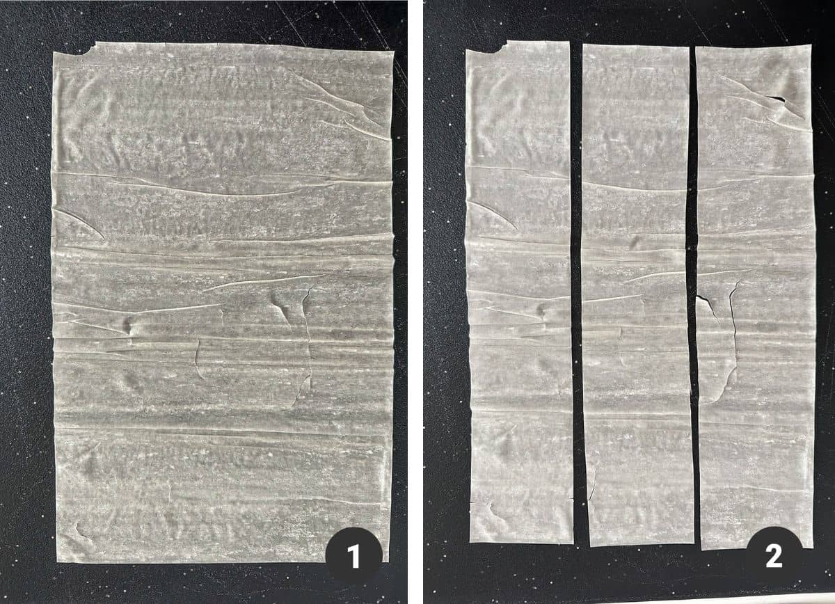 One sheet of phyllo dough cut into 3 strips long wise.