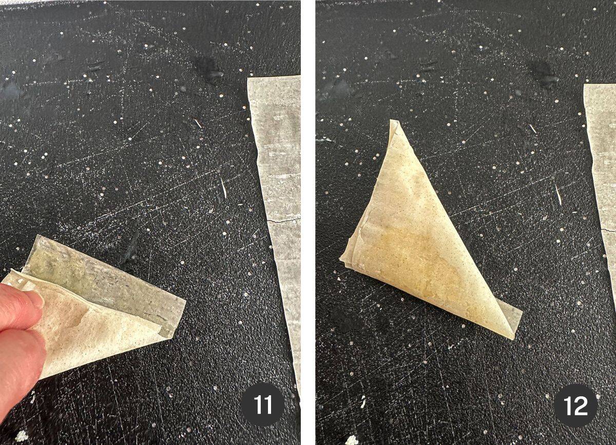 The final fold for the phyllo dough strip to form a triangle.