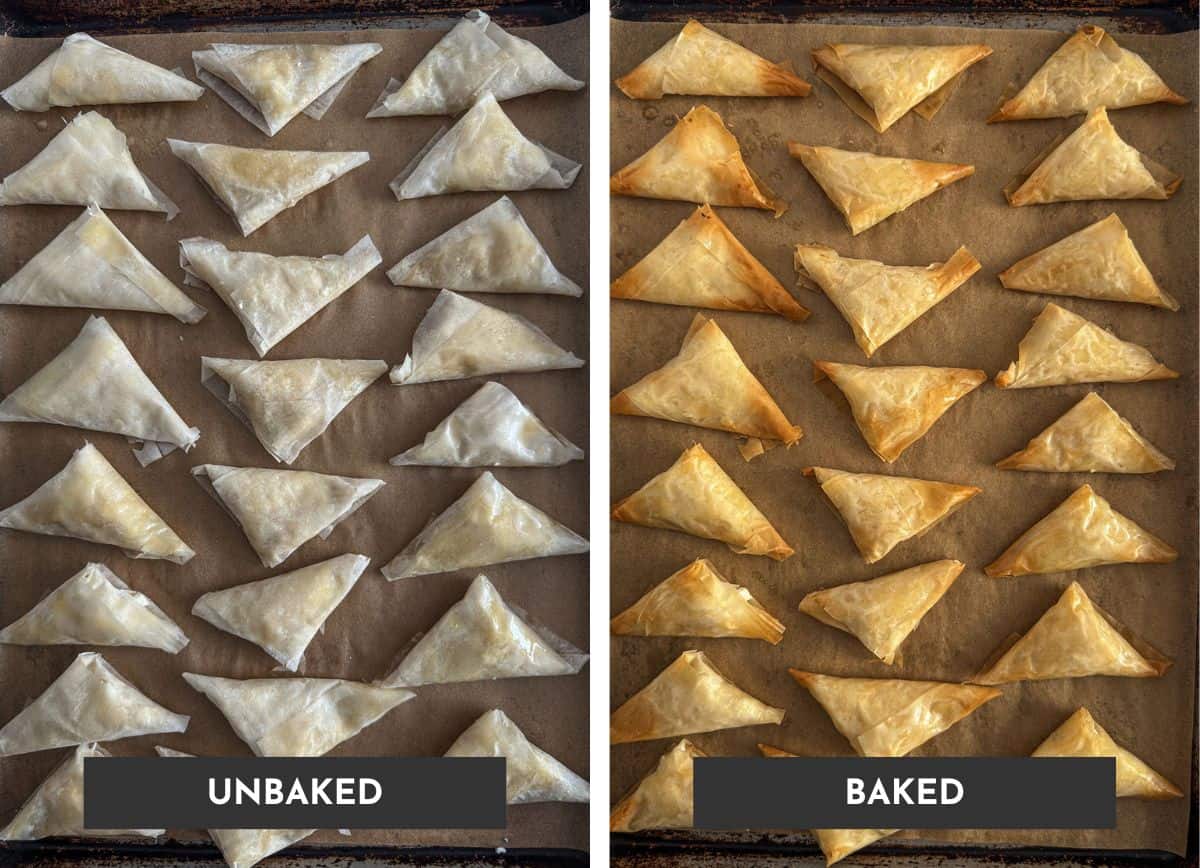 A parchment lined sheet pan showing unbaked and then baked feta bites.