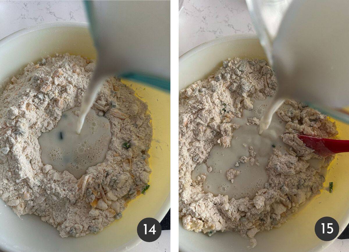 Adding milk to flour, cheese, jalapeño mixture for biscuits.