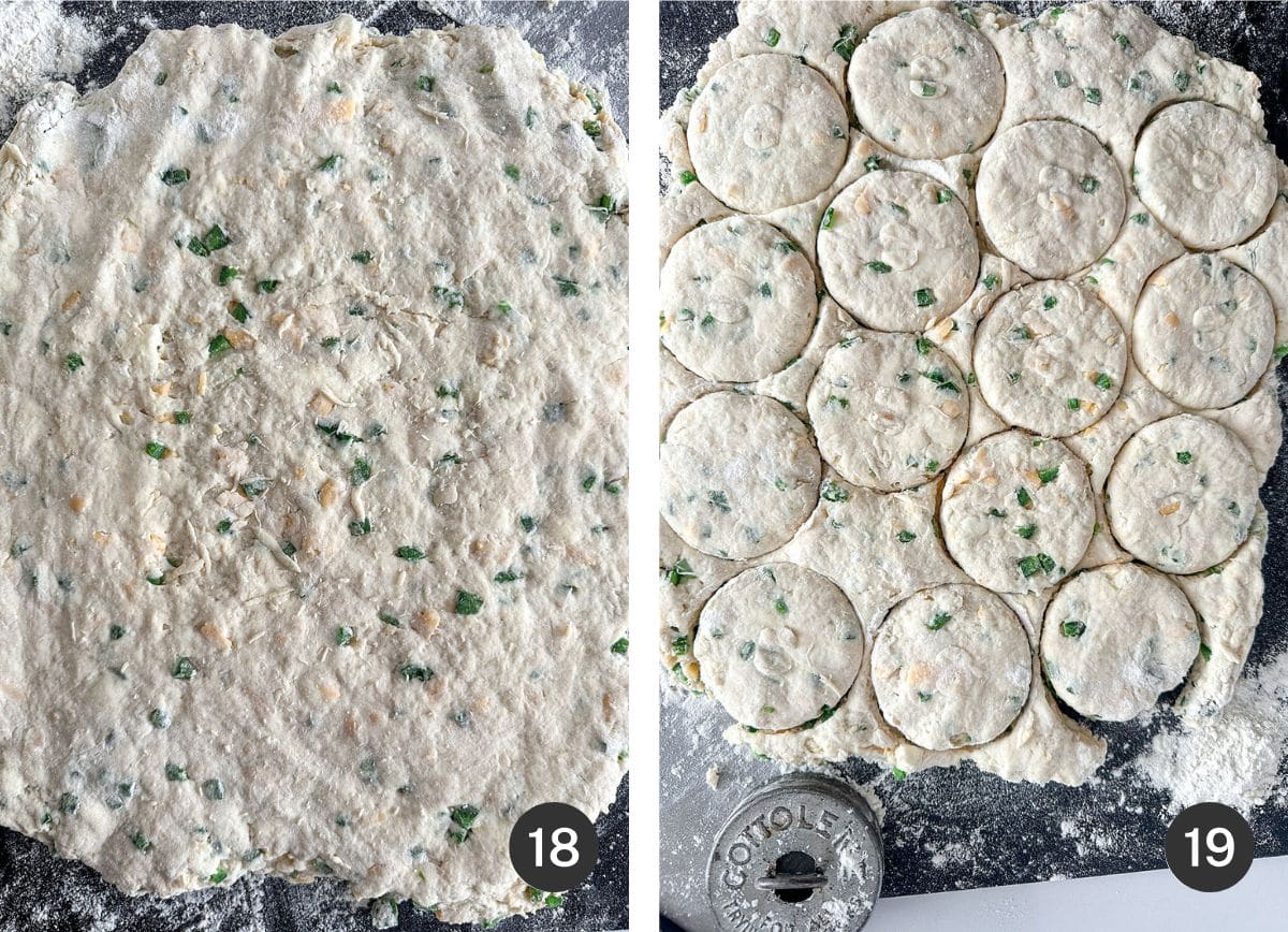 Cutting jalapeño cheese biscuits on a cutting board.