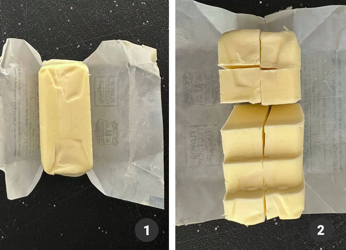 Cube of butter cut into 10 pieces.
