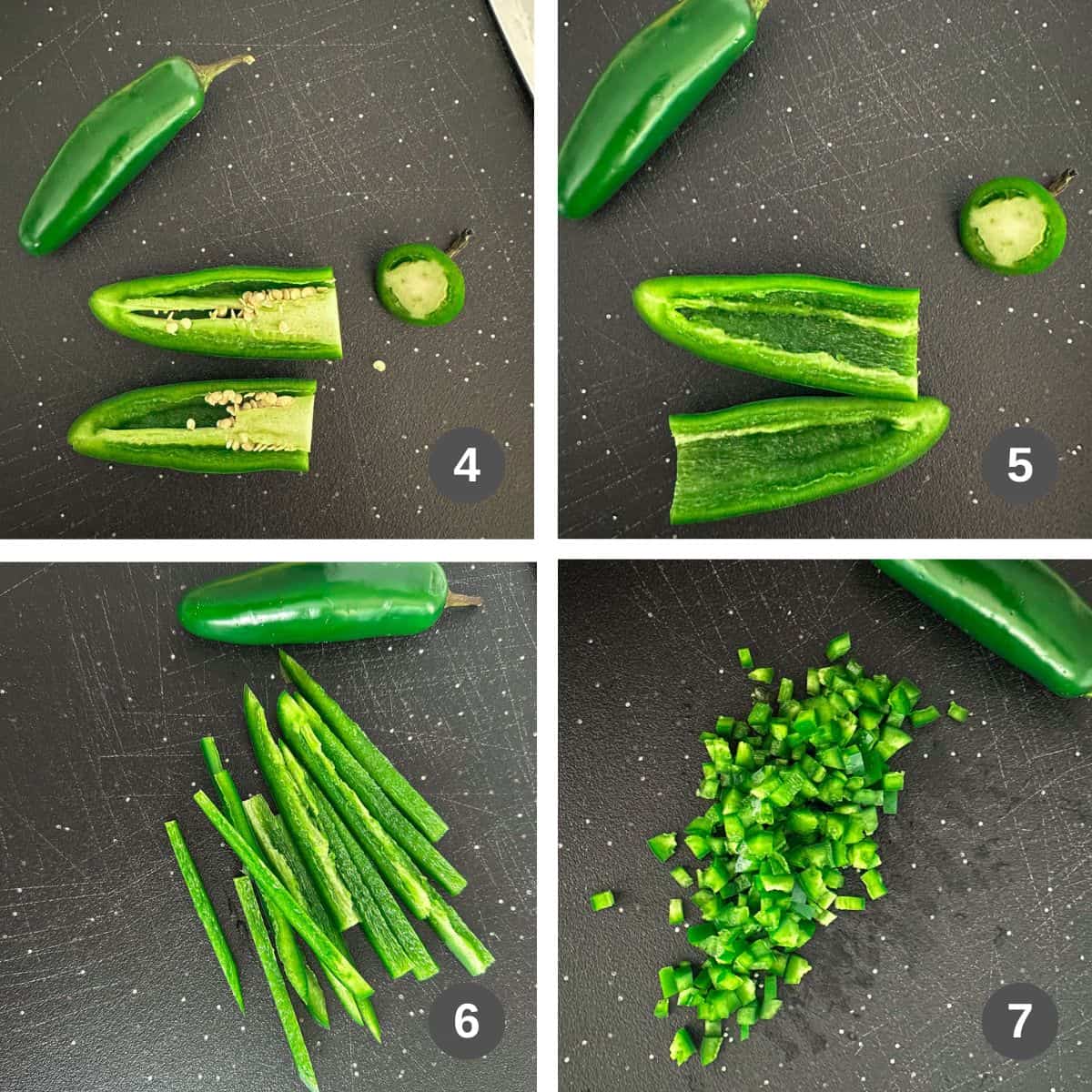 Jalapeños whole, cut into slices, and then diced.