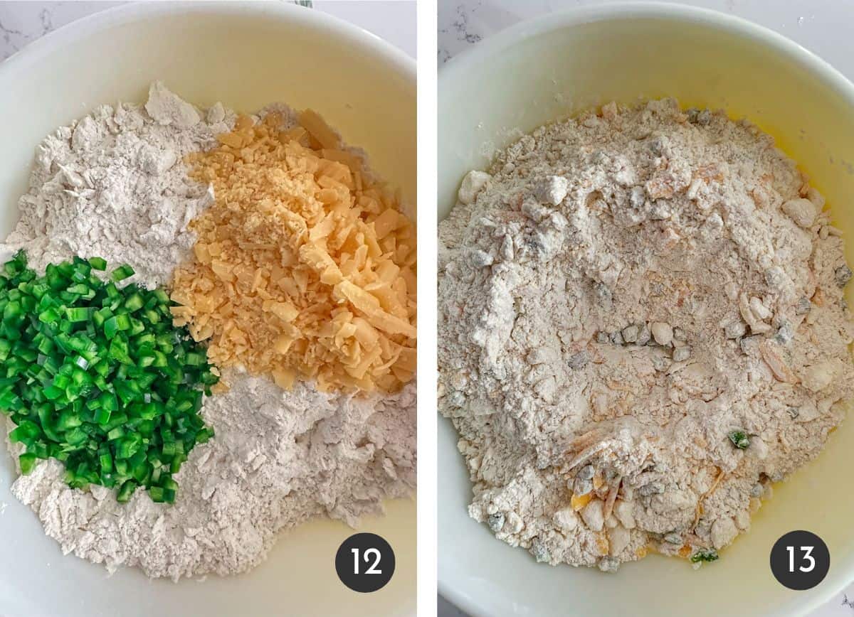 Flour mixture with diced jalapeños and shredded cheddar cheese in a mixing bowl.