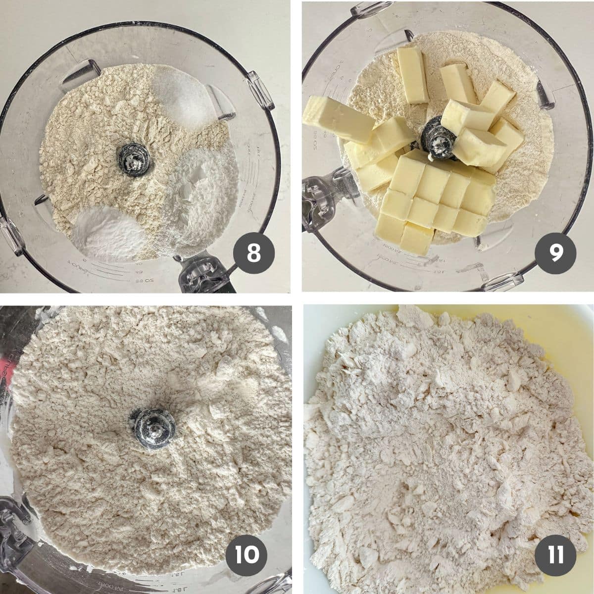 Cutting in the butter to dry ingredients in a food processor.