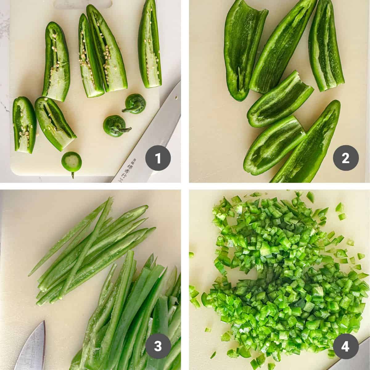 Seeding and dicing fresh jalapeños.