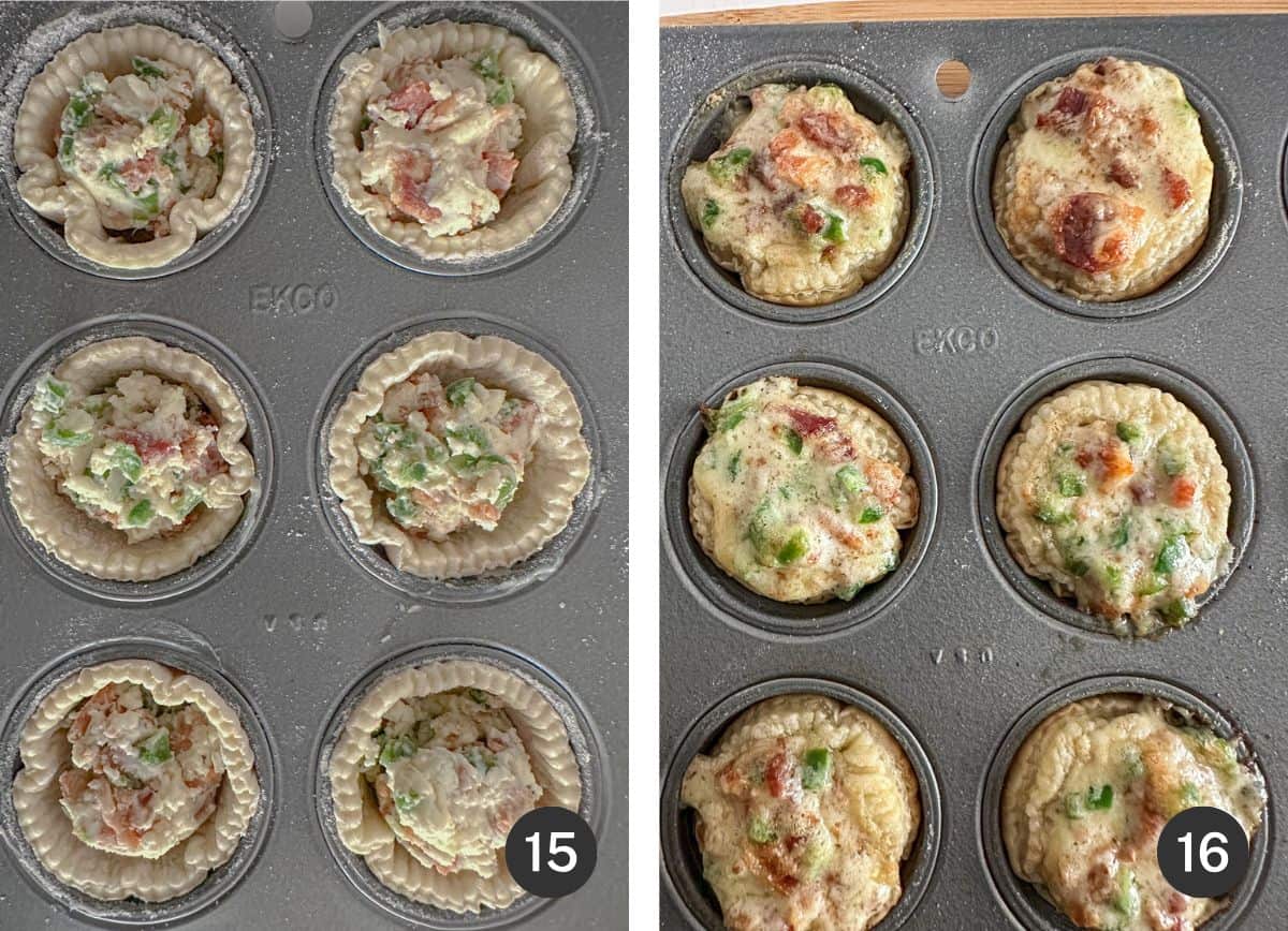 Muffin tin of unbaked and baked jalapeño popper cups.