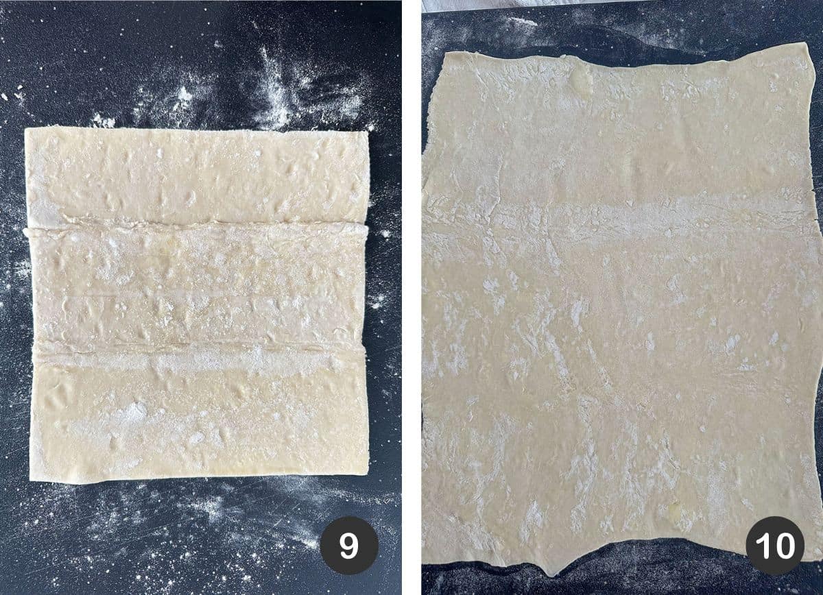 Rolling out a sheet of puff pastry dough into a larger rectangle.