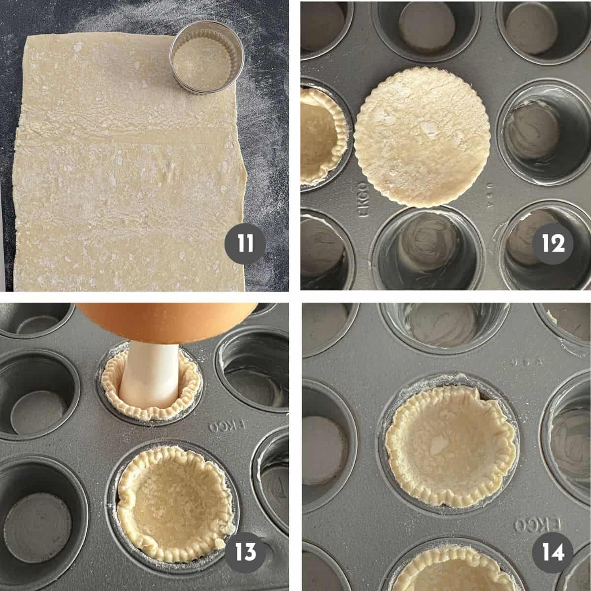 Cutting puff pastry into circles and pressing into a mini muffin tin.