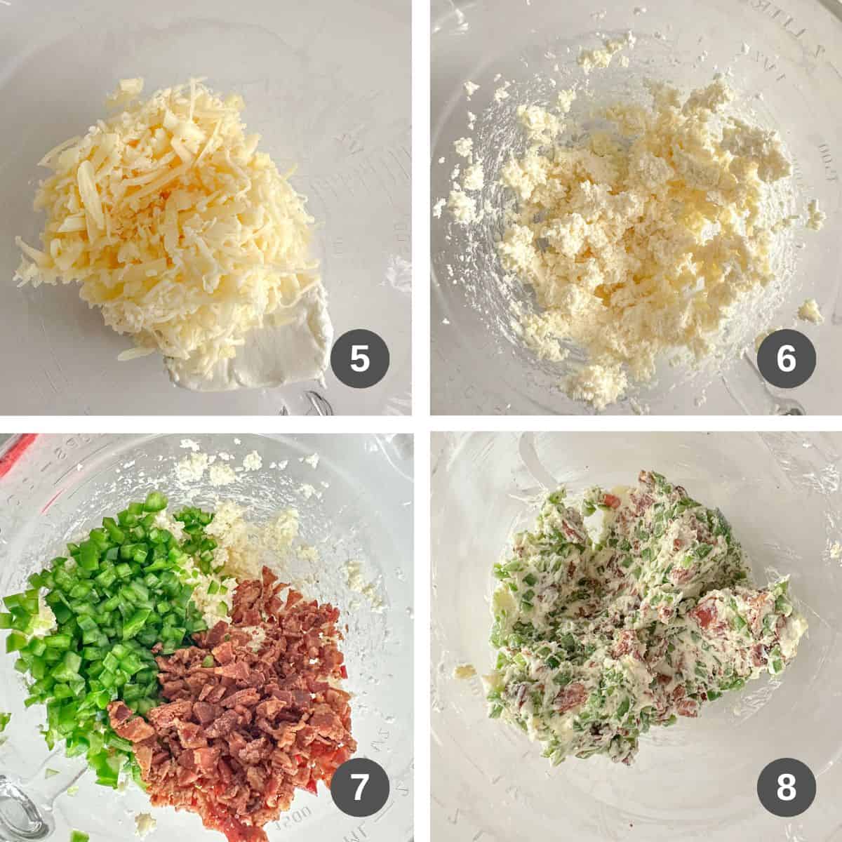 Mixing cheeses, jalapeño, and bacon in a mixing bowl.