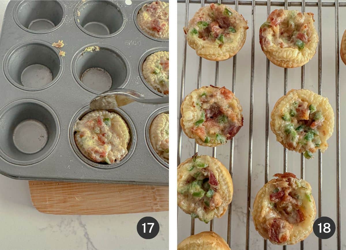 Removing baked puff pastry jalapeño cups from the muffin tin.