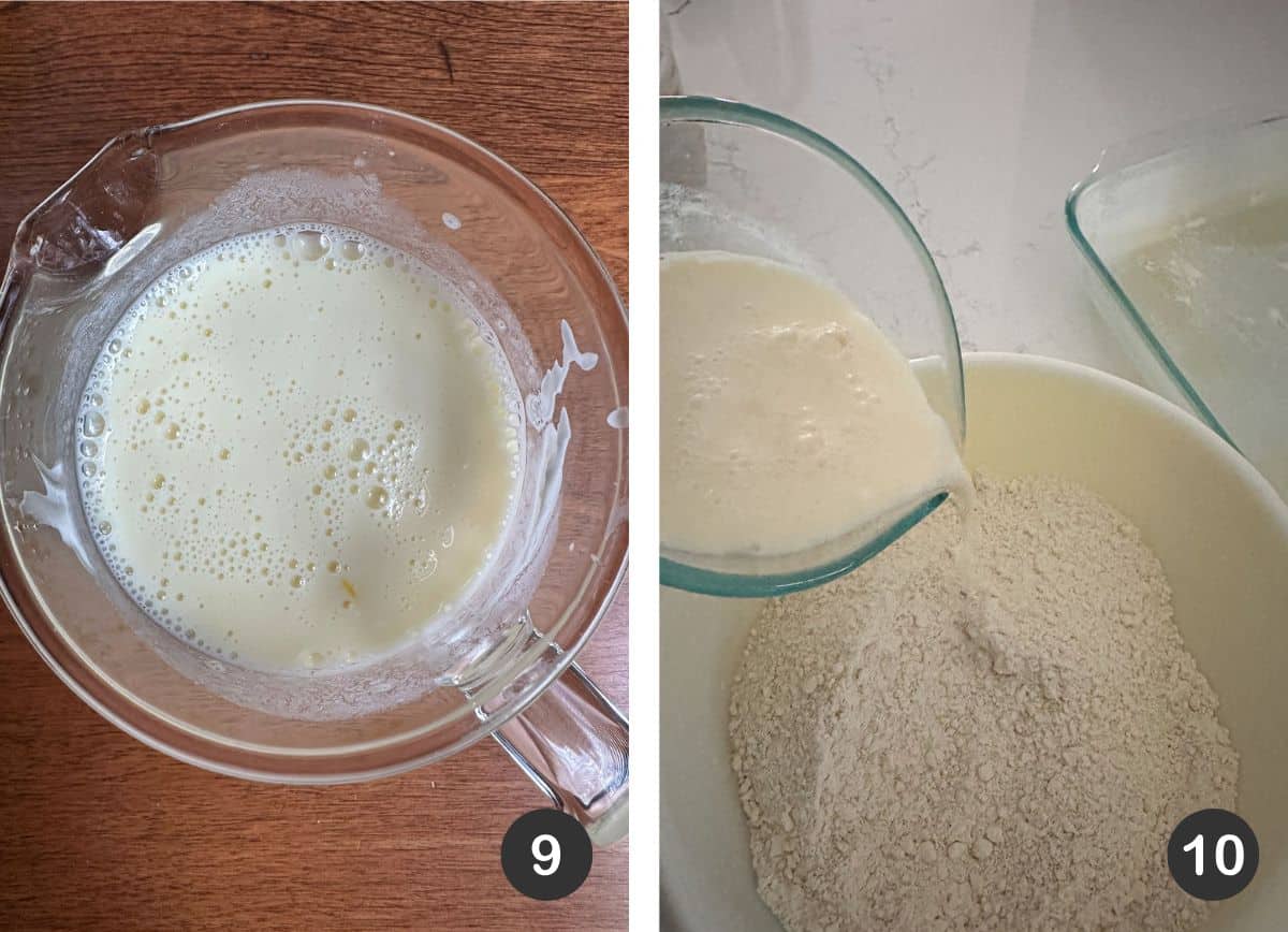 Adding liquid to bowl with butter-flour mixture.