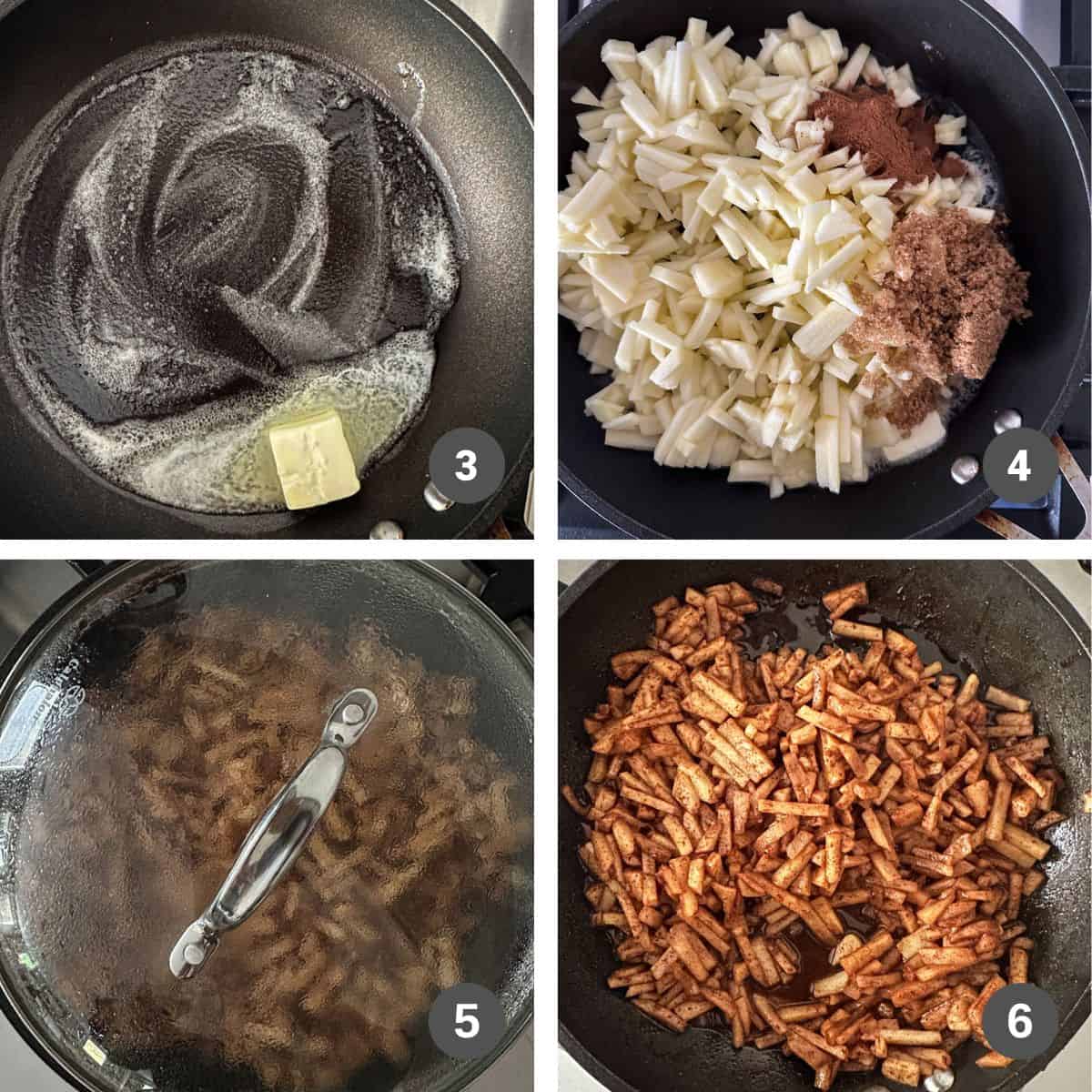 Cooking diced apples with butter, sugar, and cinnamon in a skillet.