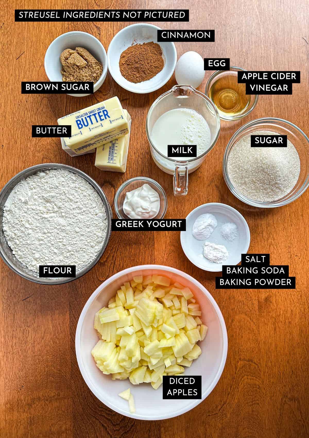Ingredients for apple coffee cake in individual dishes.