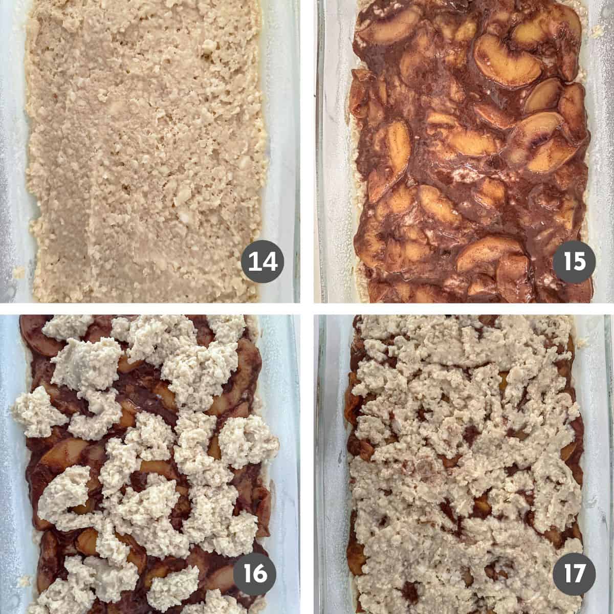 Layering the dough, peaches and another dough layer in a baking dish.