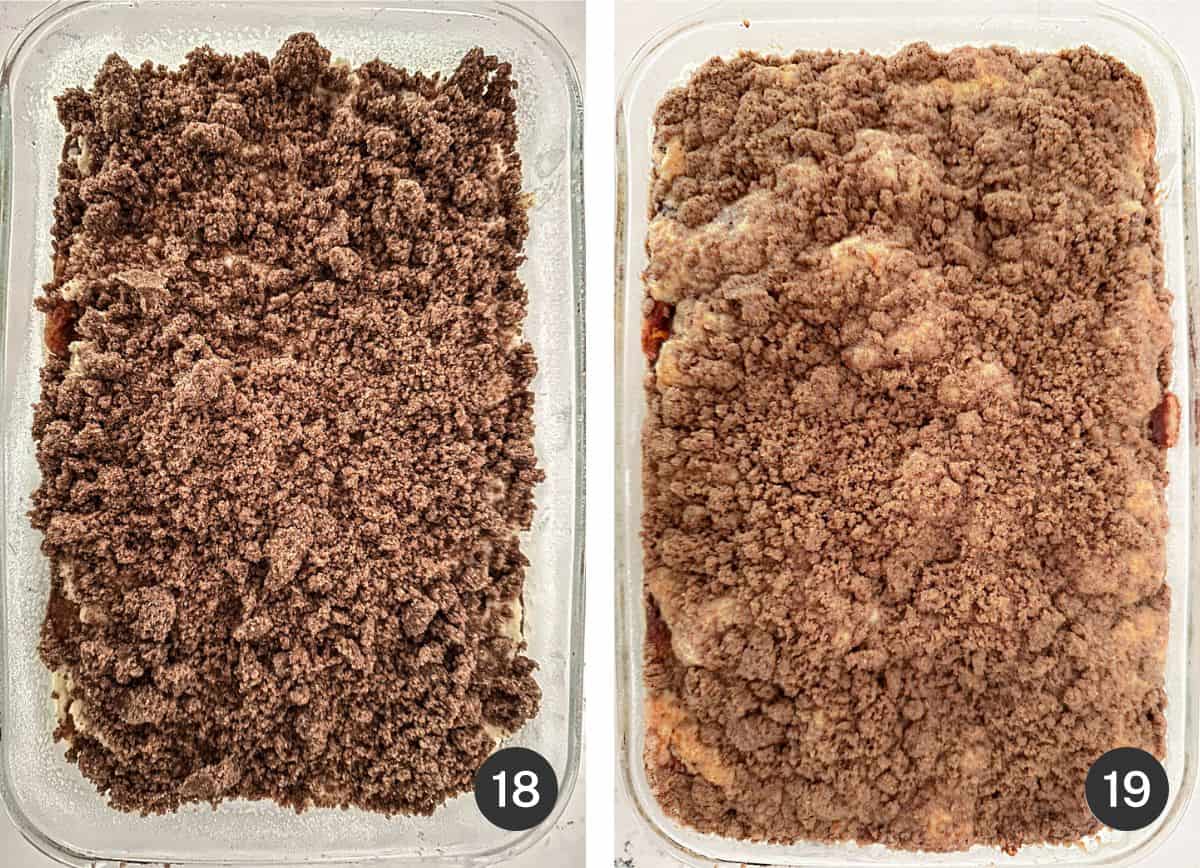 A baking dish of unbaked and a dish of baked peach coffee cake.