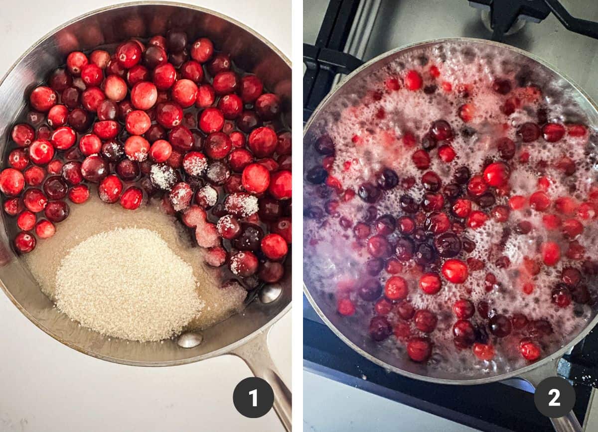 Mixing cranberries, water, and sugar in a sauce pan.