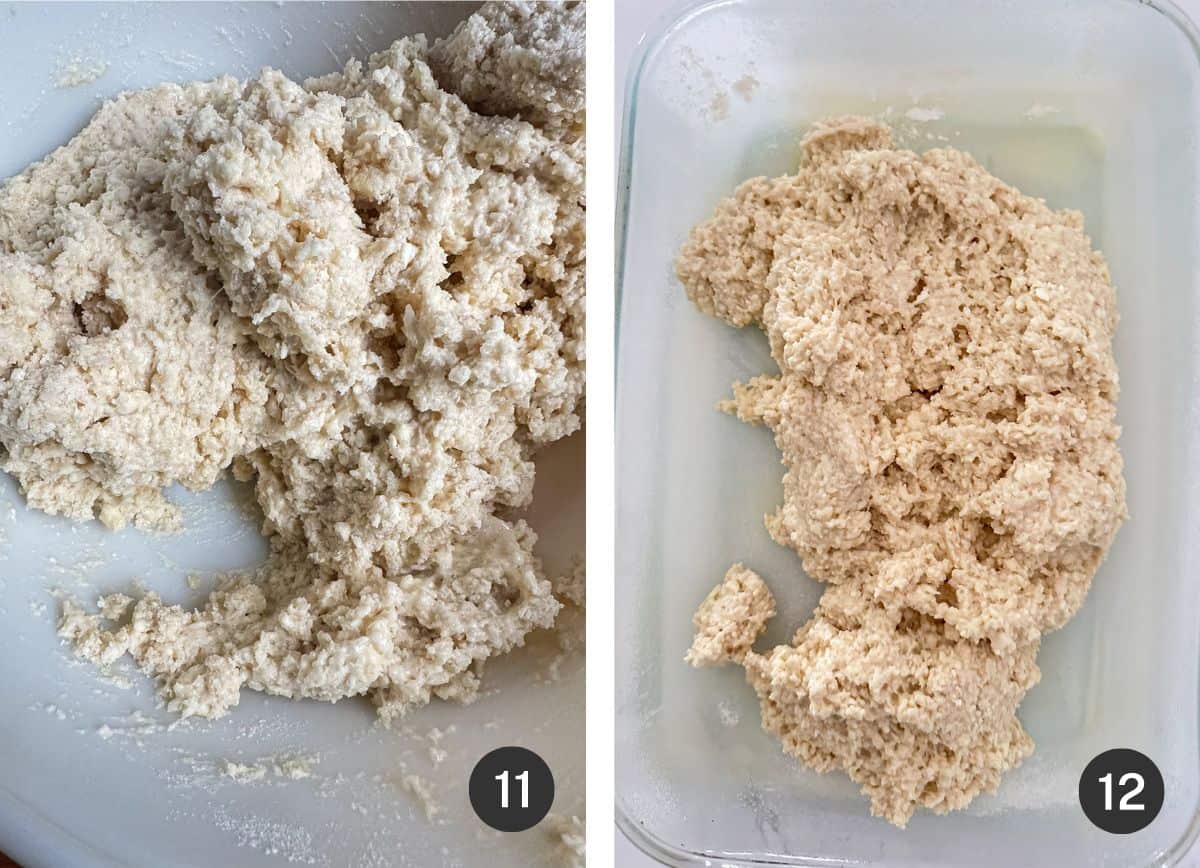 Mixed batter in bowl and baking dish.