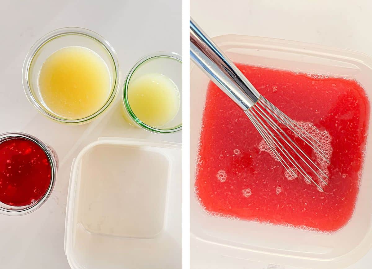 Lemon, lime, and cranberry syrup mixed in a container with a whisk.