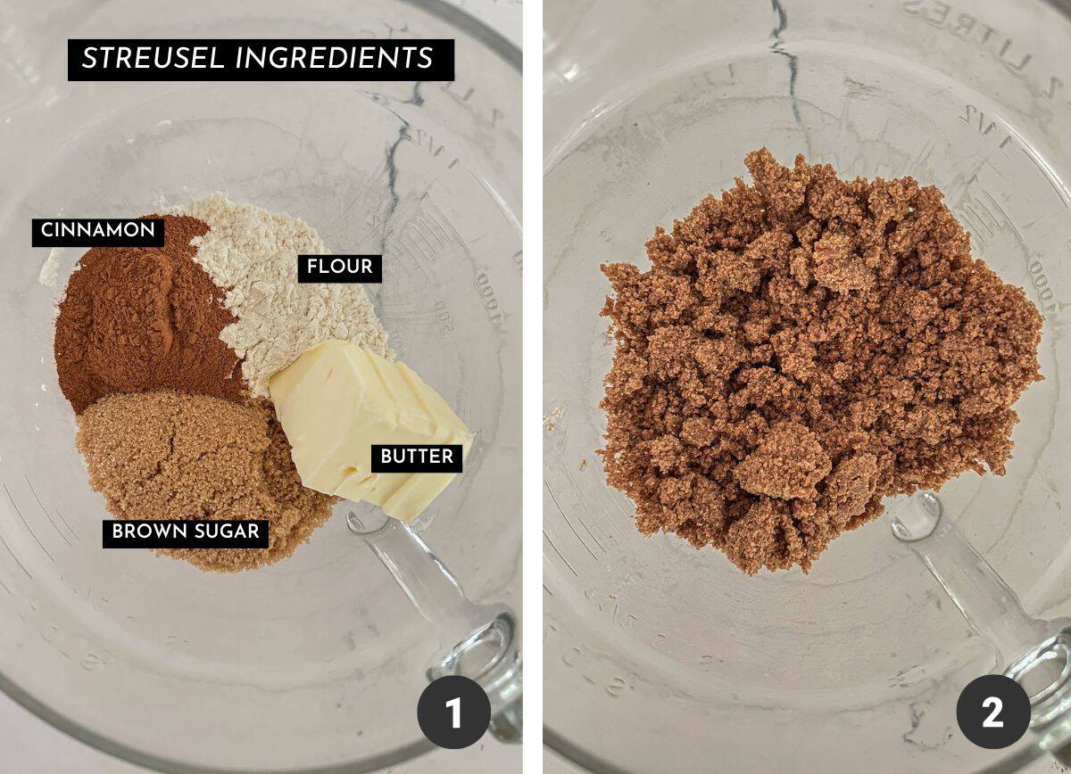 Making streusel with cinnamon, flour, butter, and brown sugar.