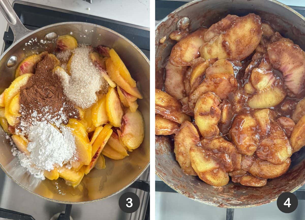 Pan with uncooked peach filling ingredients.