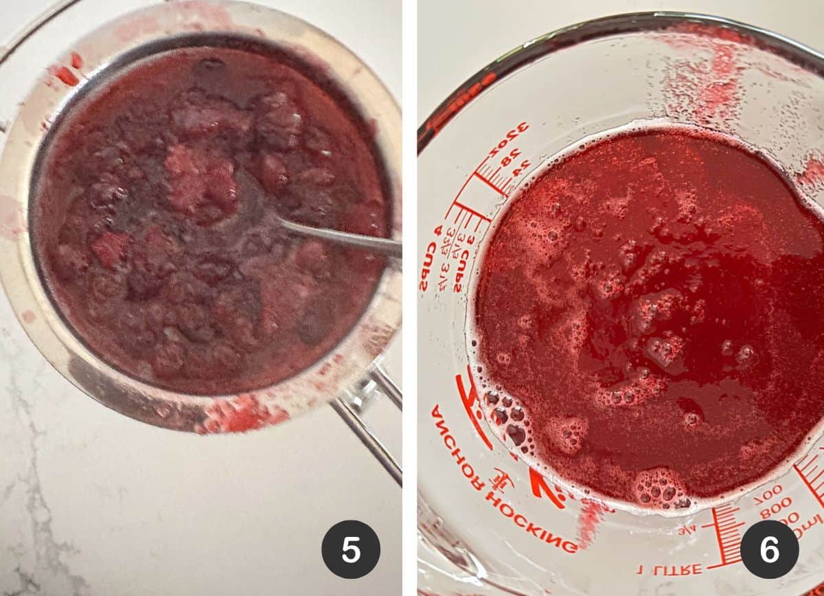 Straining cooked cranberry simple syrup into a measuring cup.