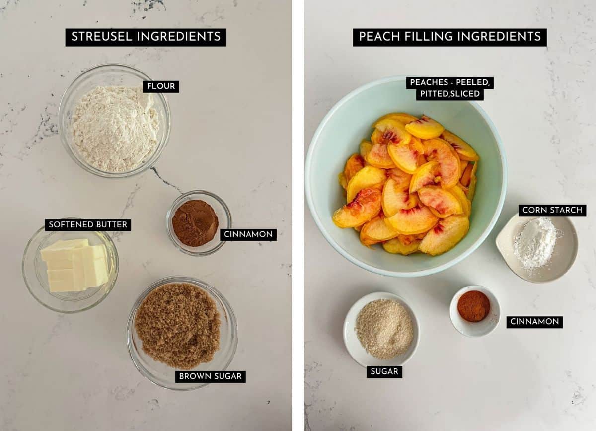 Streusel and peach filling ingredients all in individual bowls.