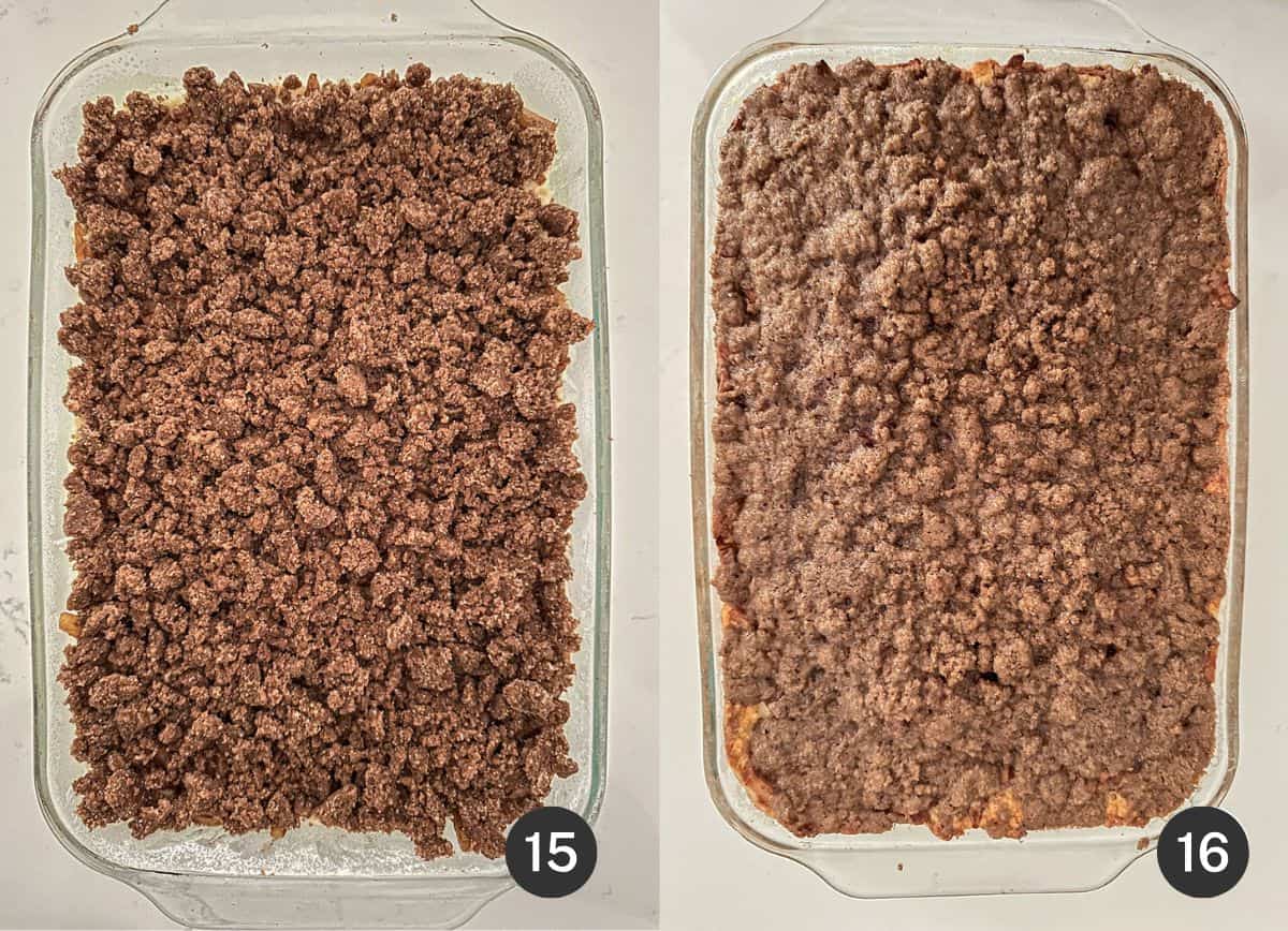 Unbaked and baked apple coffee cake.