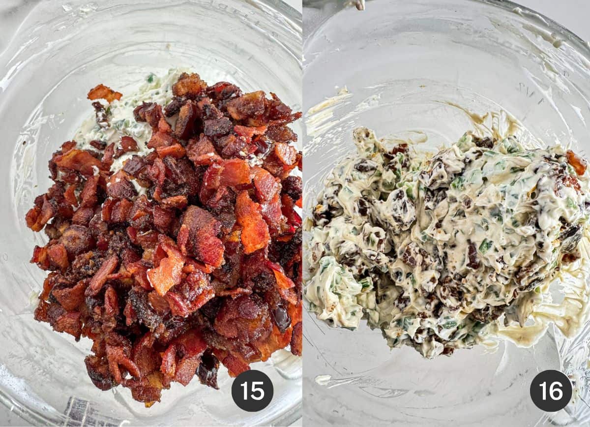 Mixed cheese in a bowl with crispy bacon and dates.