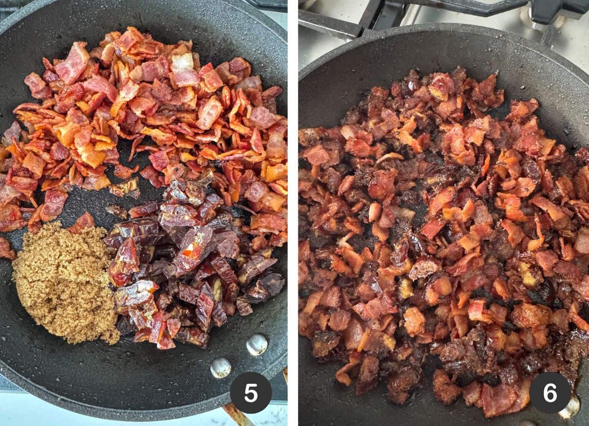 Cooking crispy bacon, dates, and brown sugar in a skillet.