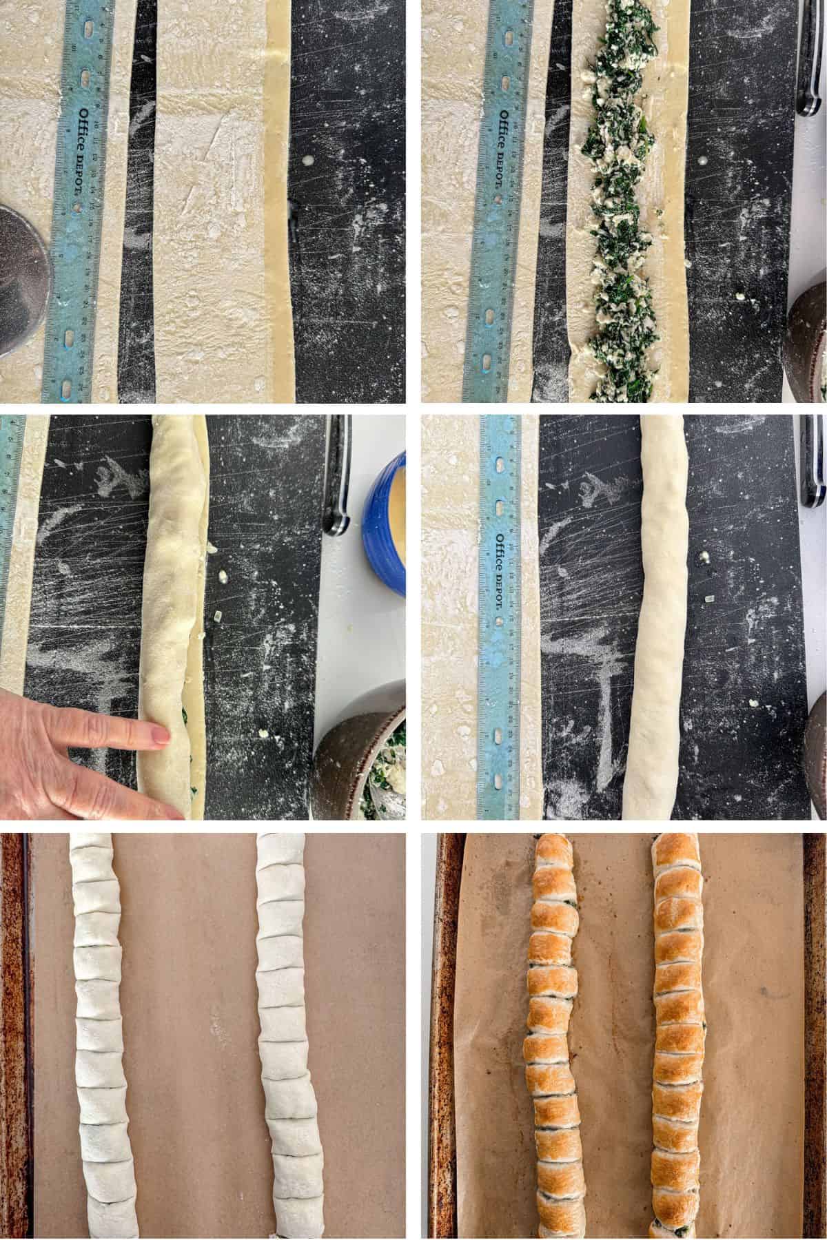 Filling and rolling a puff pastry log with spinach and feta cheese mixture.