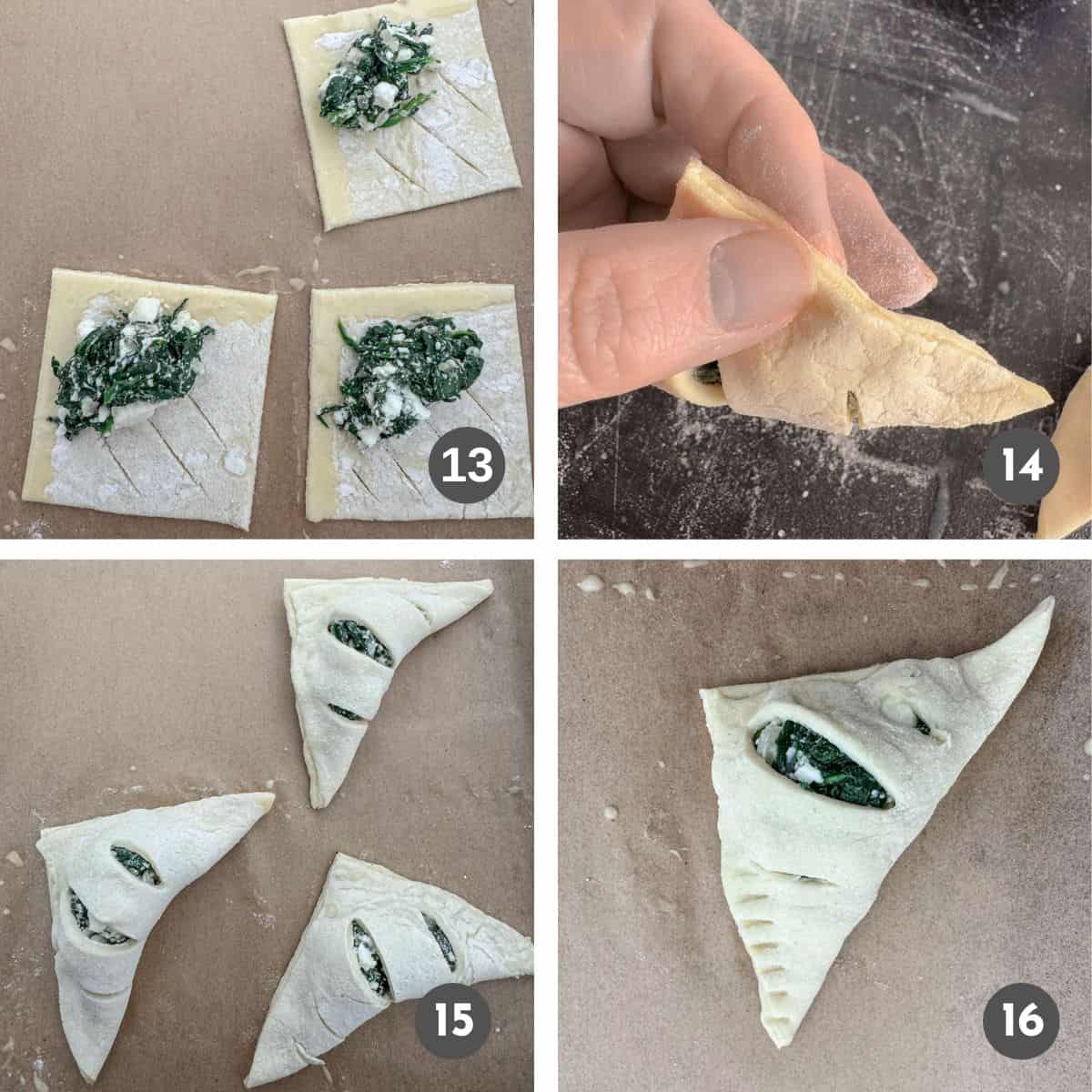 Spinach and feta filled puff pastry squares formed into a triangle.