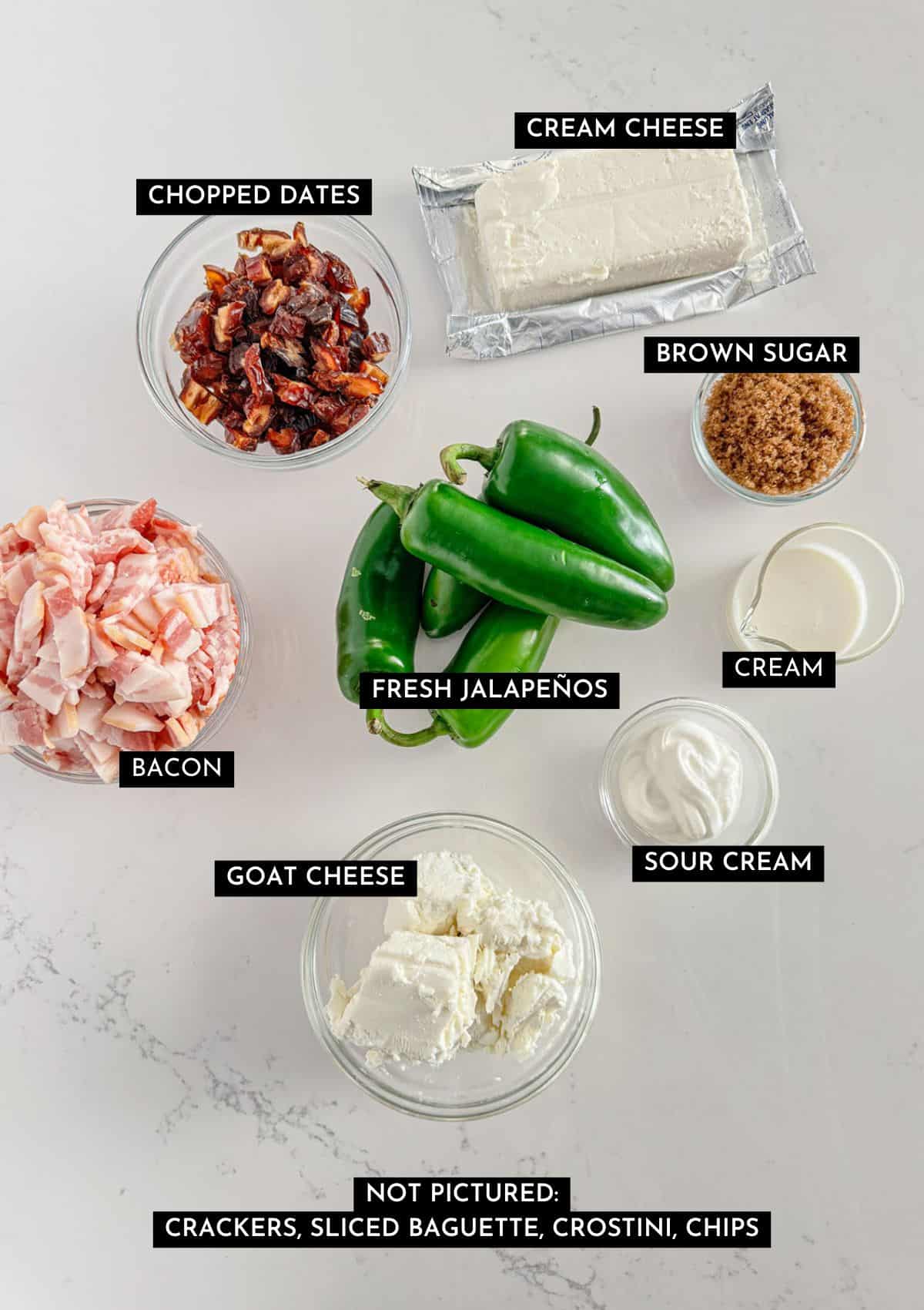 Jalapeños, chopped dates, cream cheese, goat cheese, sour cream, cream, bacon, and brown sugar in individual dishes.