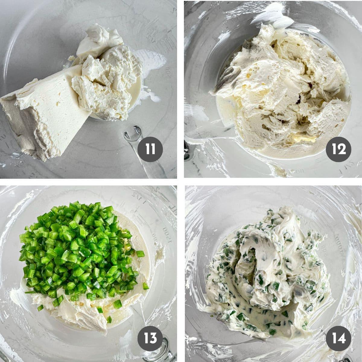 Mixing cream cheese, goat cheese, and diced jalapeños in a mixing bowl.