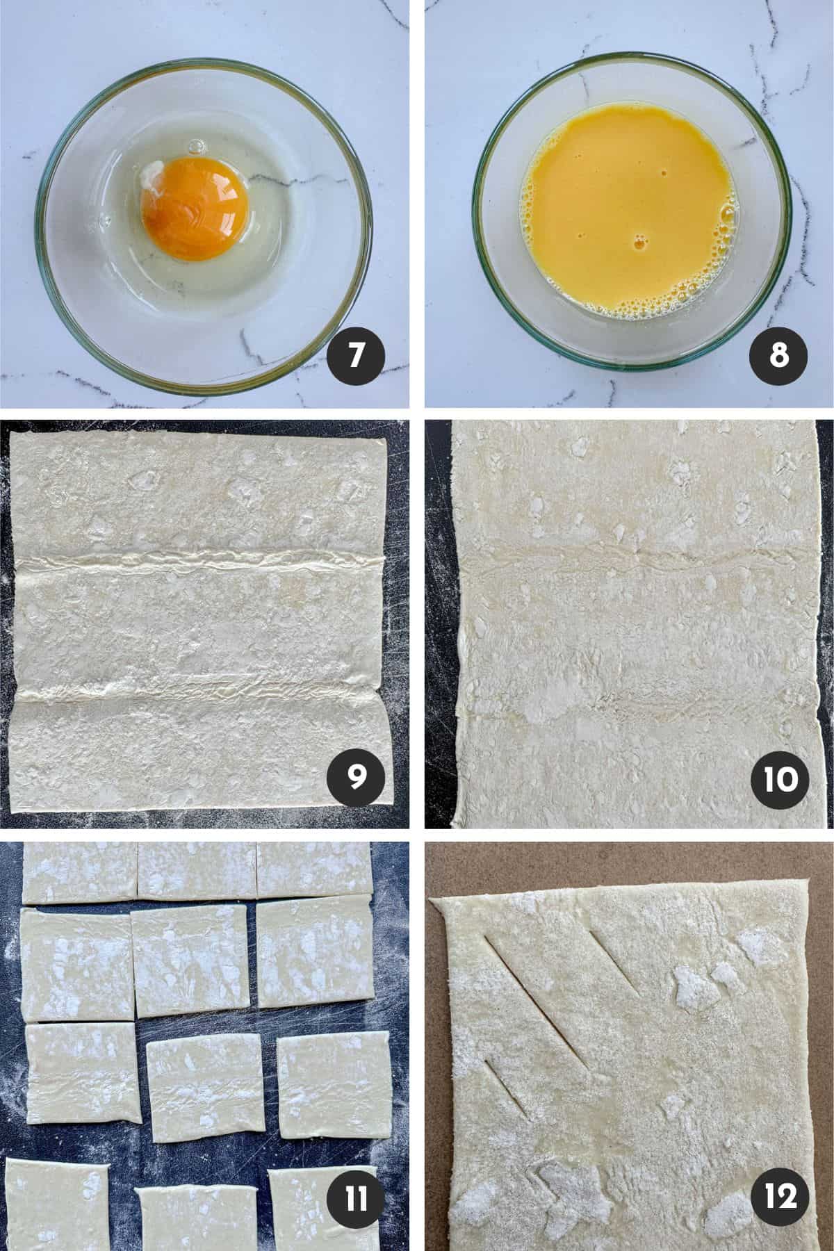 Egg wash in a dish, sheets and squares of puff pastry.