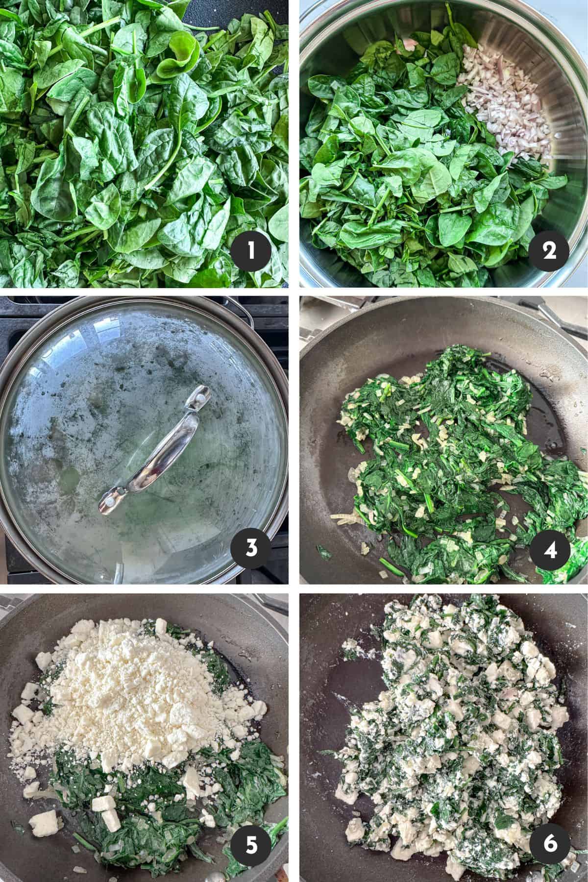 Steaming spinach, adding diced shallots, and crumbled feta cheese in a skillet to form filling mixture.