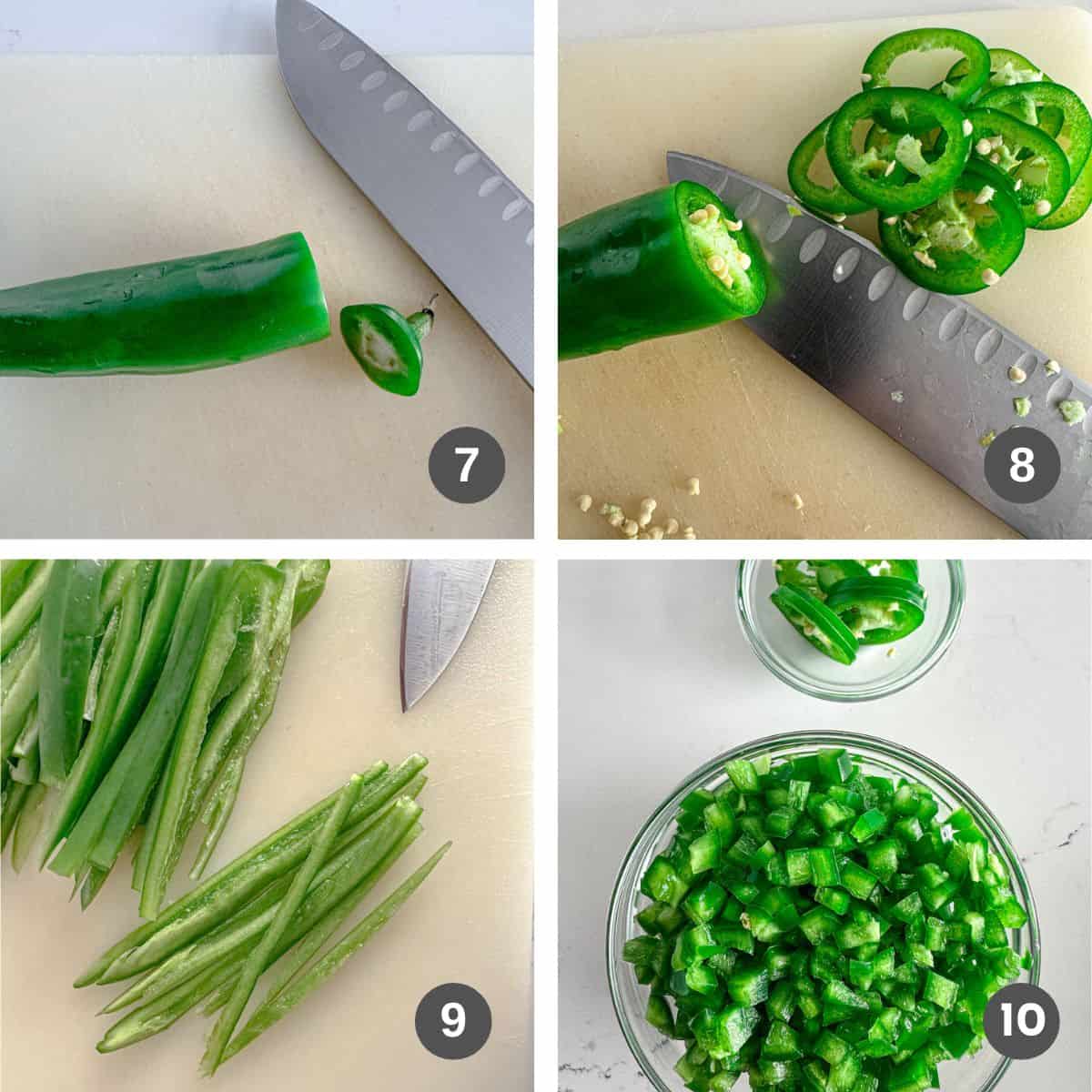 Slicing and dicing jalapeño peppers.