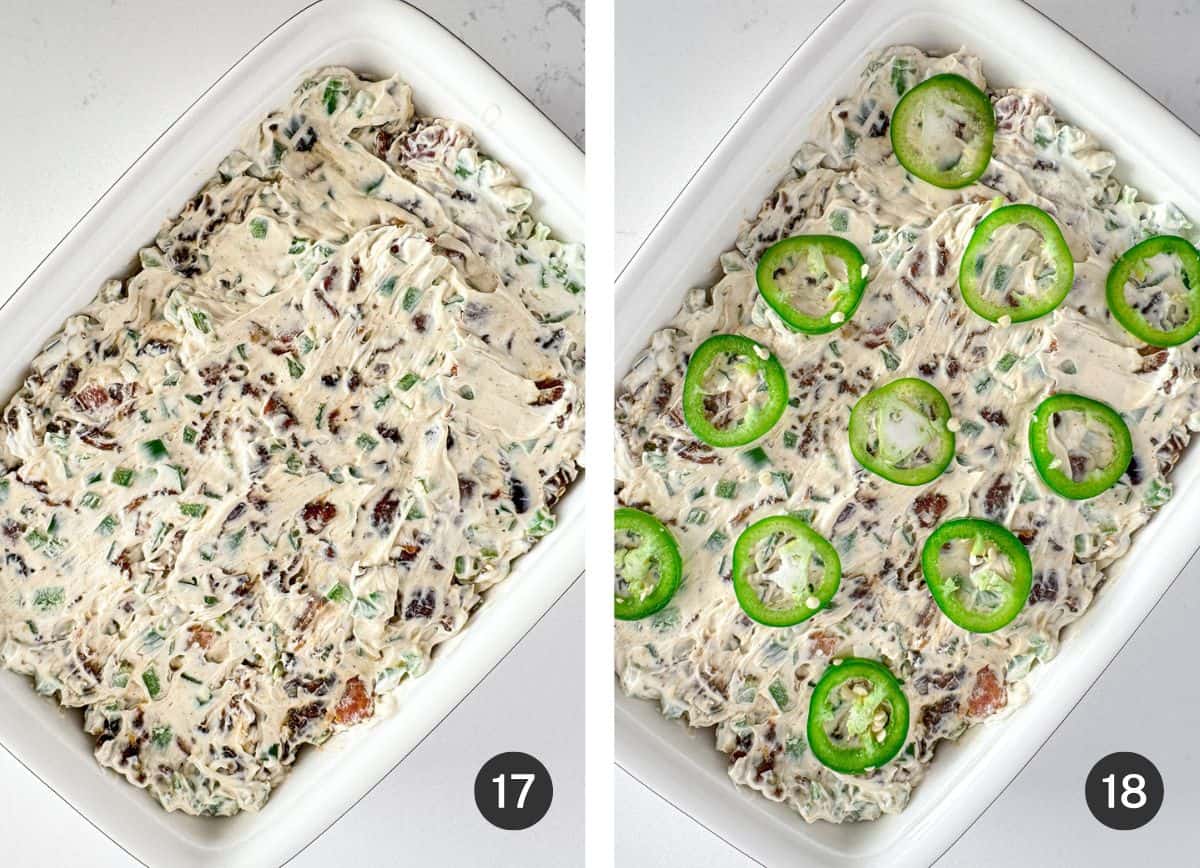 Unbaked jalapeño popper dip in a casserole dish topped with sliced jalapeño peppers.