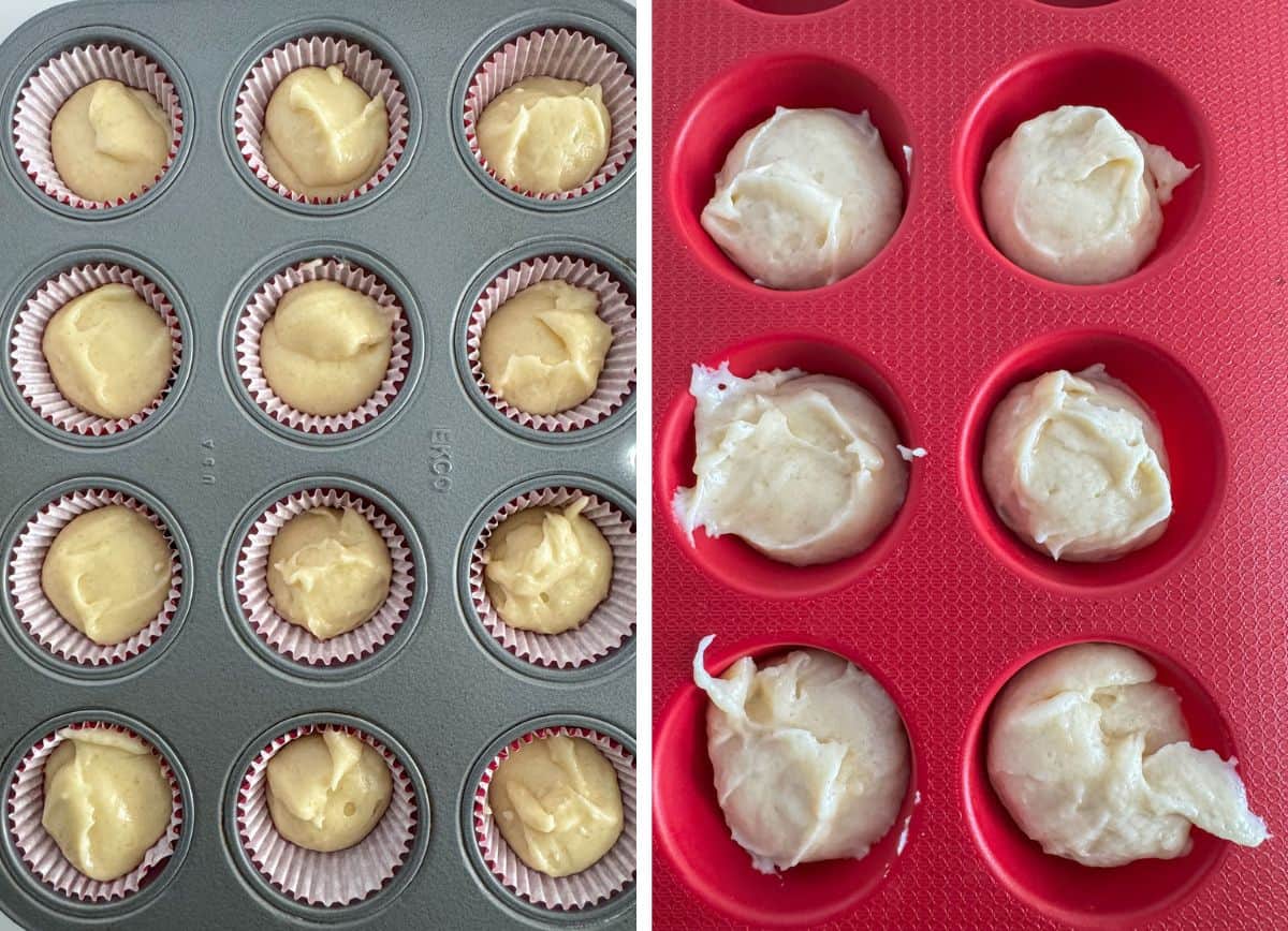 Metal and silicone muffin pans filled with batter.