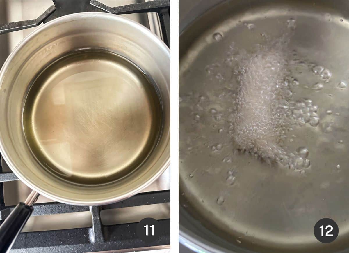 Heating oil in pan for frying egg rolls.
